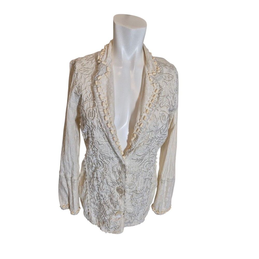 Sandy Starkman Vintage 90s Boho Ornate Embroidered Embellished Jacket Ivory Sz M